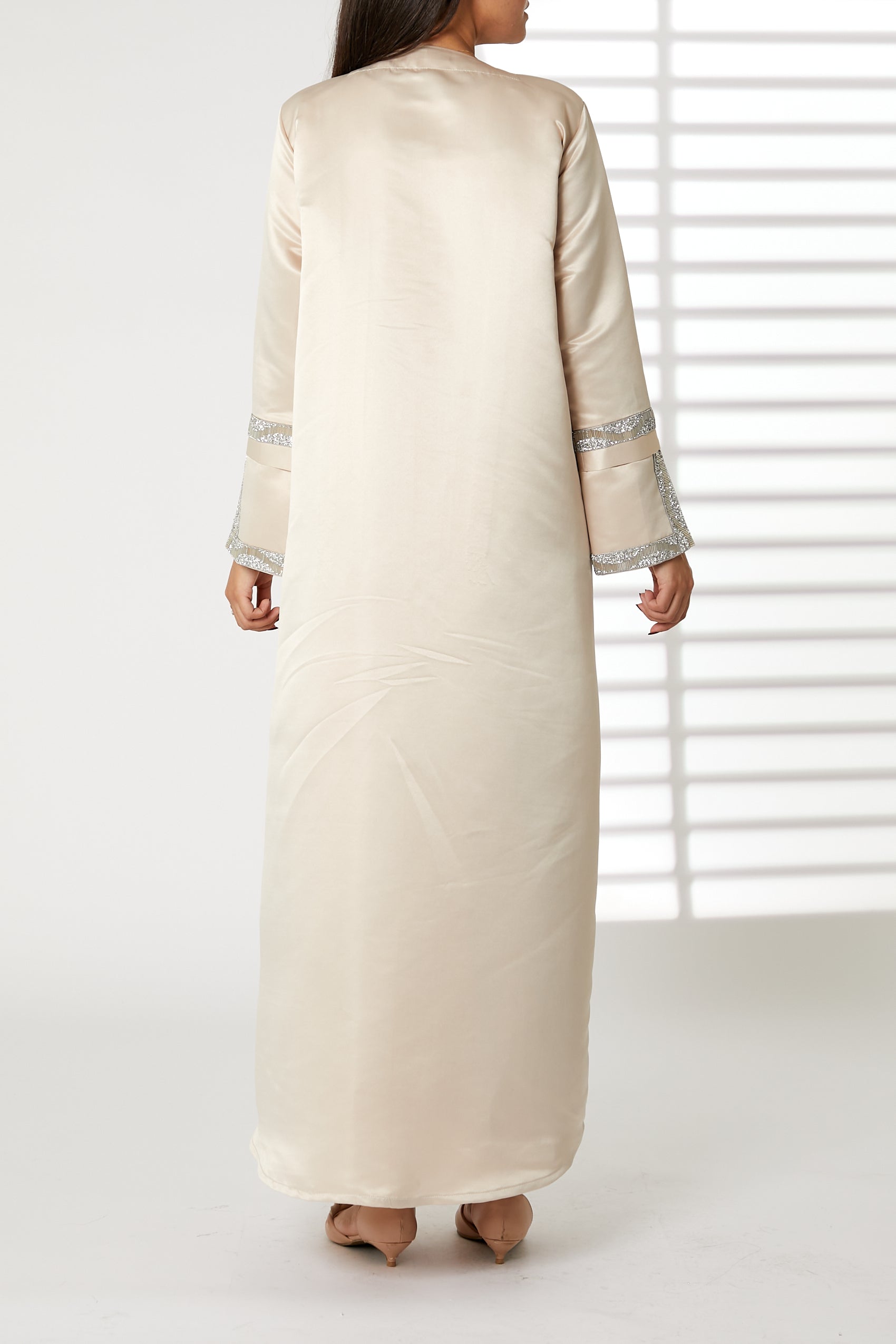 MOiSTREET Peach Bridal Satin Abaya with Split Cuffs (8053741912291)