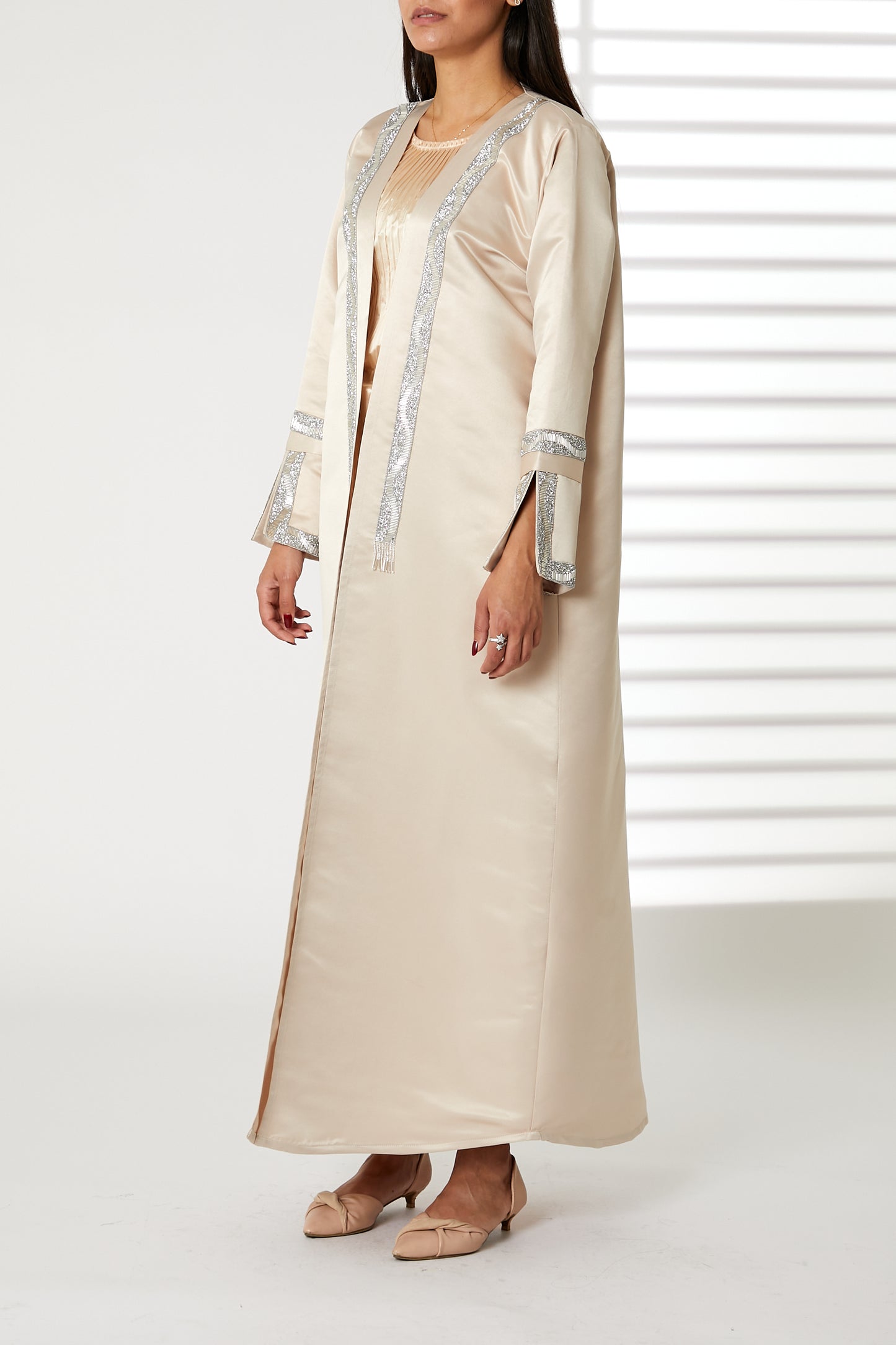 MOiSTREET Peach Bridal Satin Abaya with Split Cuffs (8053741912291)