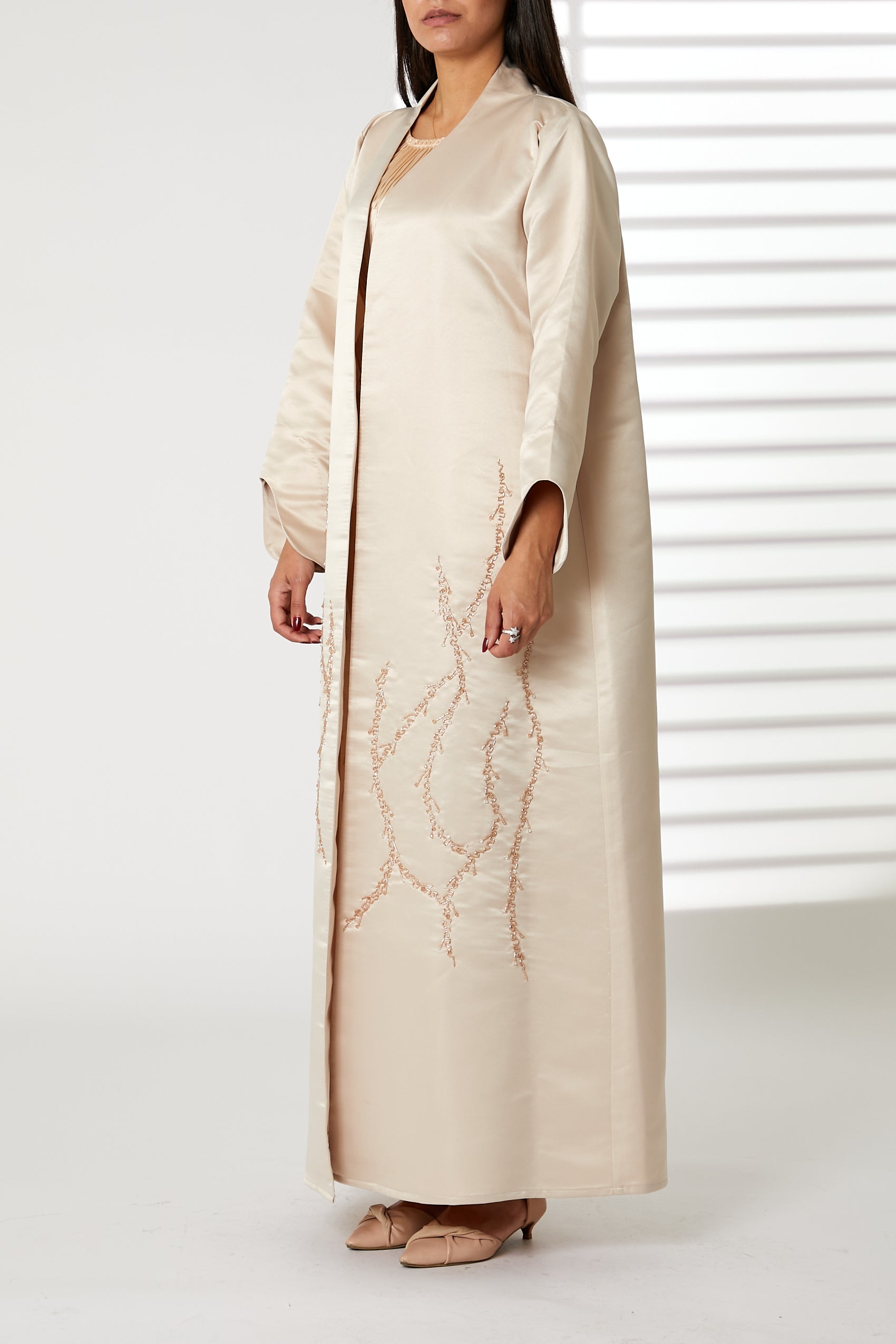 MOiSTREET Peach Bridal Satin Embroidered Open Abaya (8053782479075)