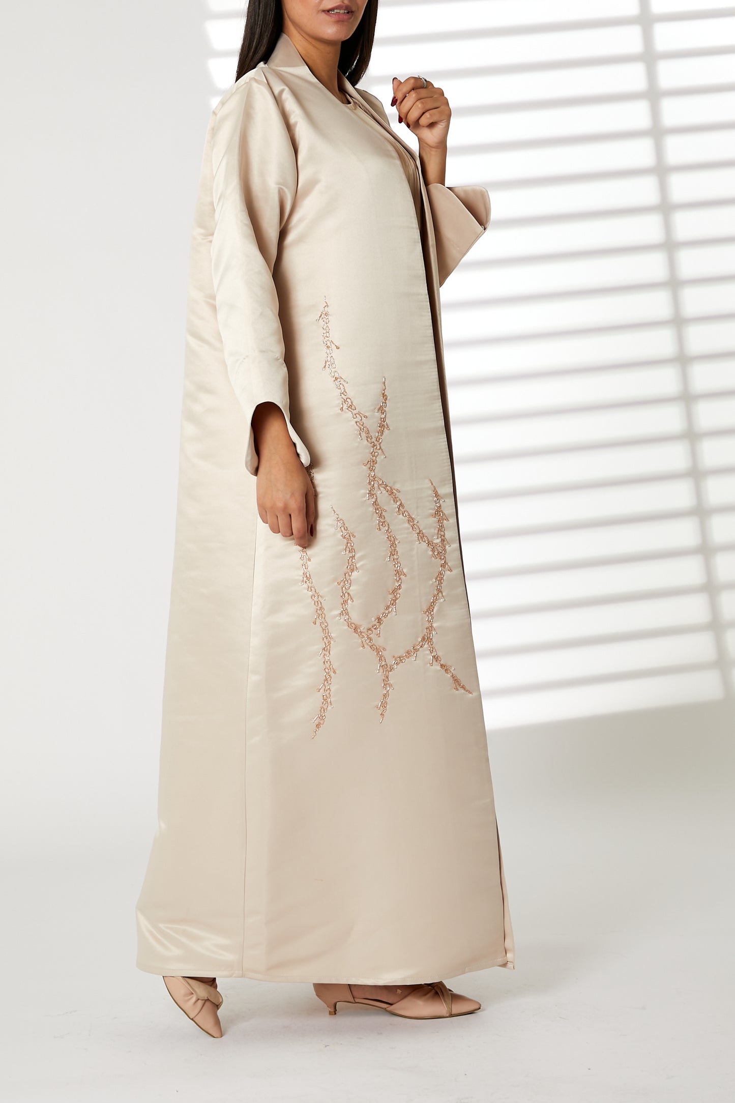 MOiSTREET Peach Bridal Satin Embroidered Open Abaya (8053782479075)