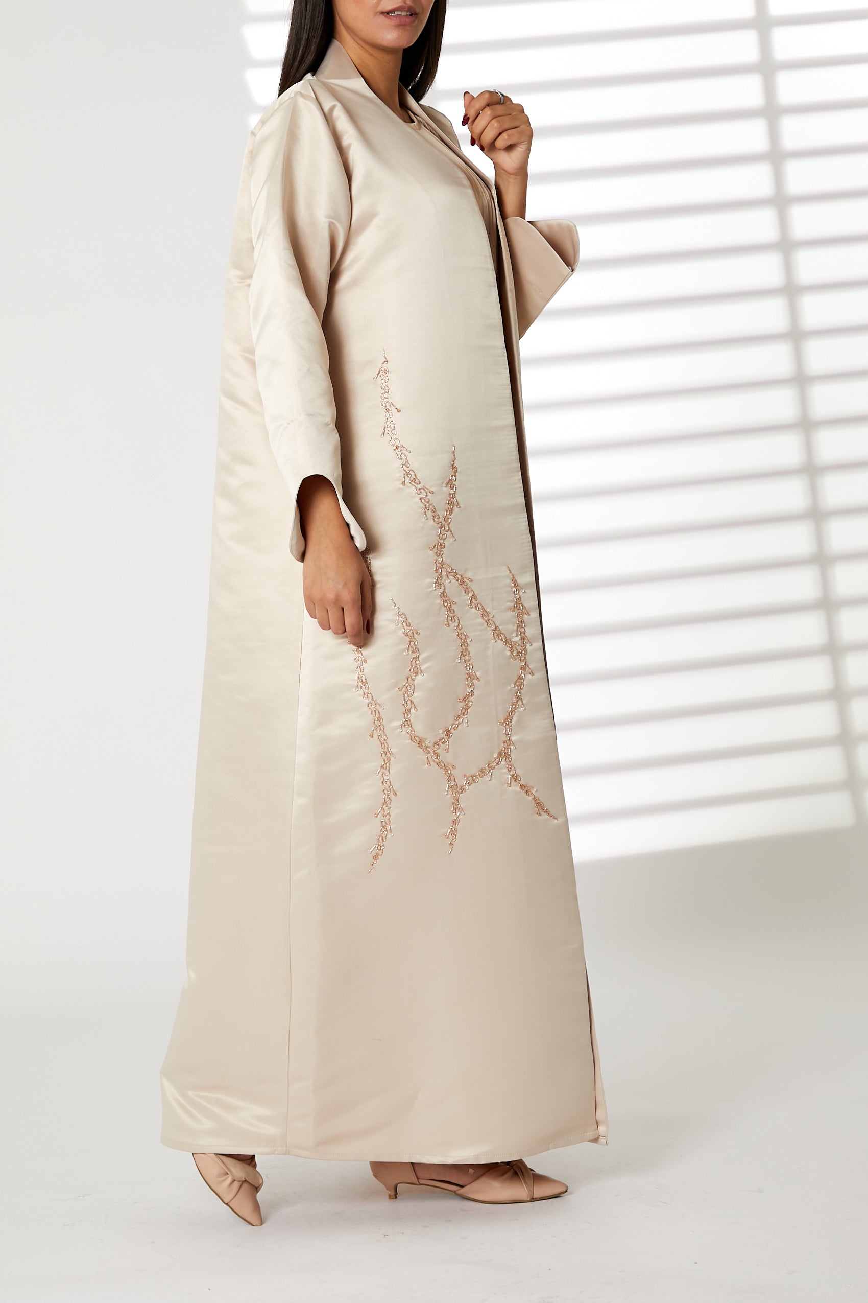 MOiSTREET Peach Bridal Satin Embroidered Open Abaya (8053782479075)