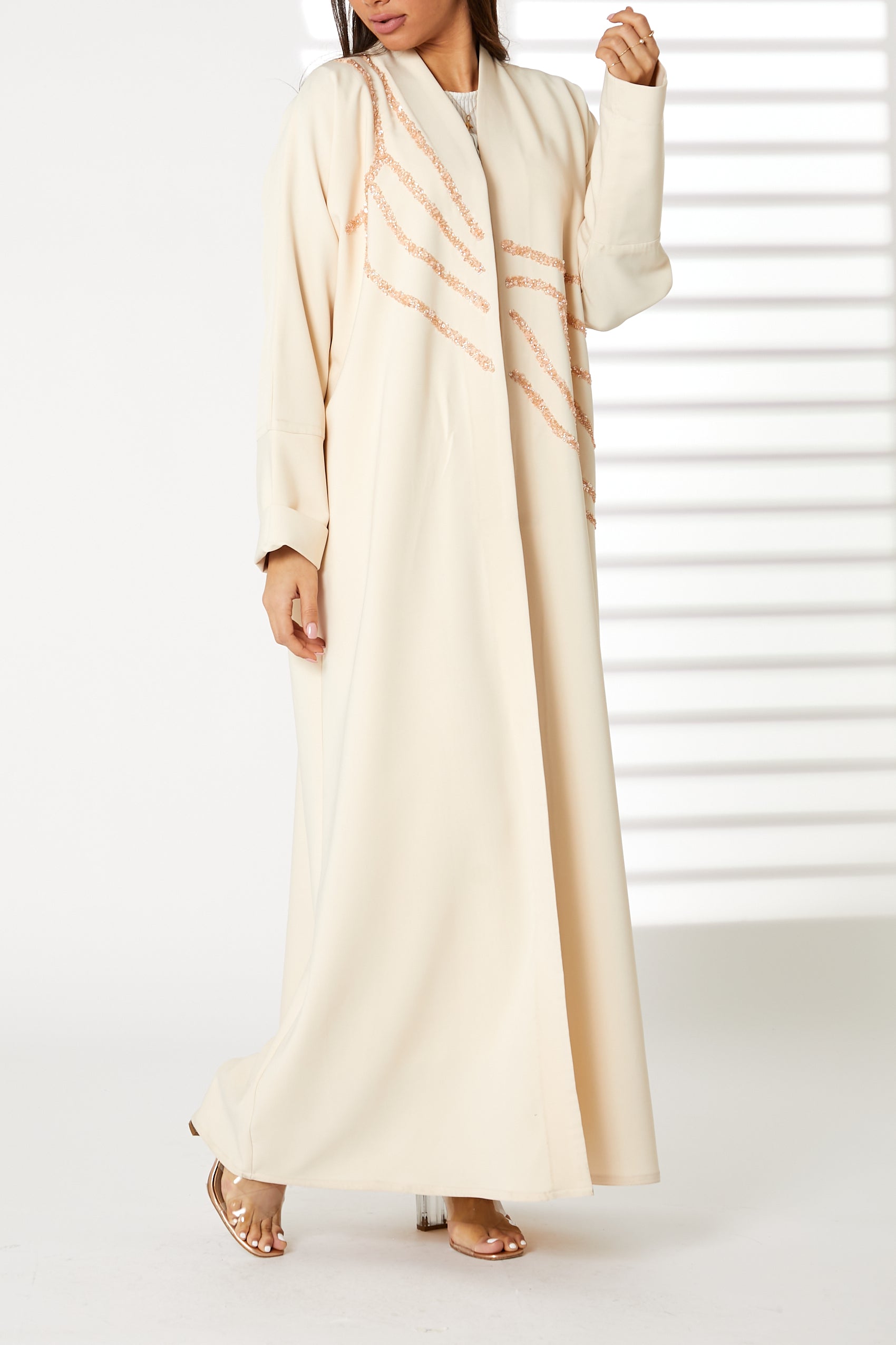 MOiSTREET Peach Bridal Satin Embroidered Abaya (8053786837219)