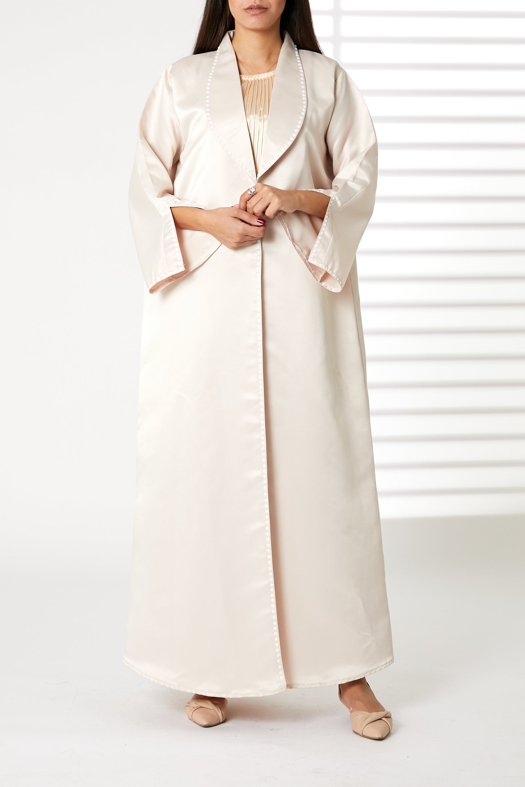 MOiSTREET Pink Bridal Satin Snap-button Embellished Abaya (8053788901603)