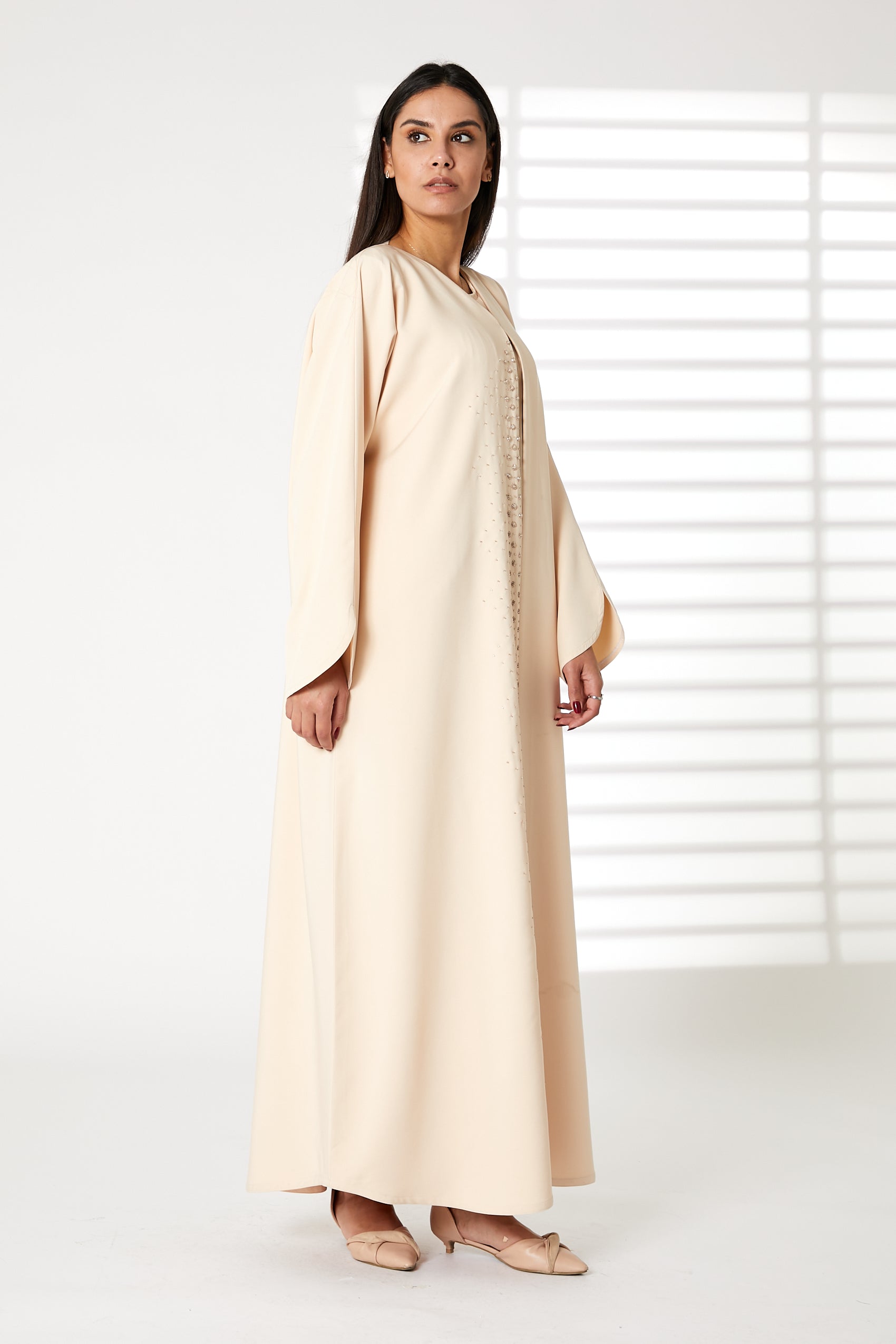 MOiSTREET Peach Front Embroidered Nida Open Abaya (8053790507235)