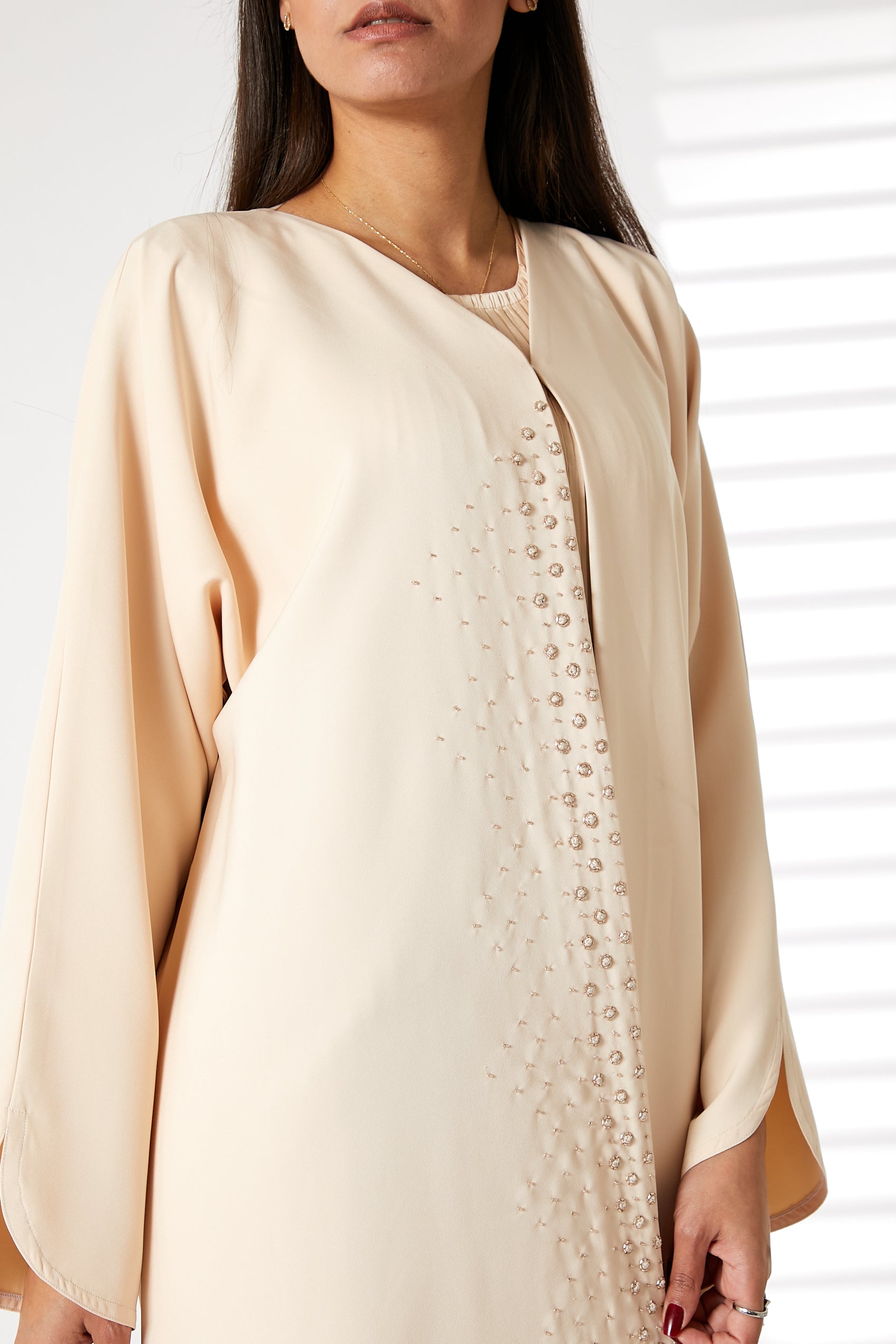 MOiSTREET Peach Front Embroidered Nida Open Abaya (8053790507235)