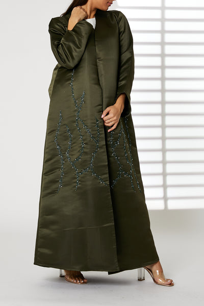 MOiSTREET Green Bridal Satin Embroidered Open Abaya (8053799420131)