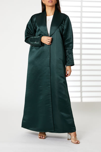 MOiSTREET  Lapel Collar Green Bridal Satin  Embroidered Abaya (8053803352291)