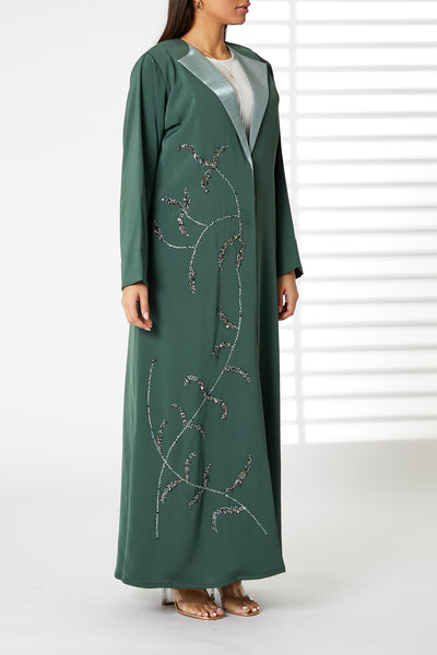 MOiSTREET Green Nida  Embroidered Abaya with Lapel Collar (8053804105955)