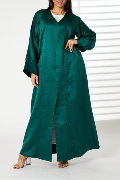 MOiSTREET Green Bridal Satin Abaya with  Styled Stitching and Buttons (8053805580515)