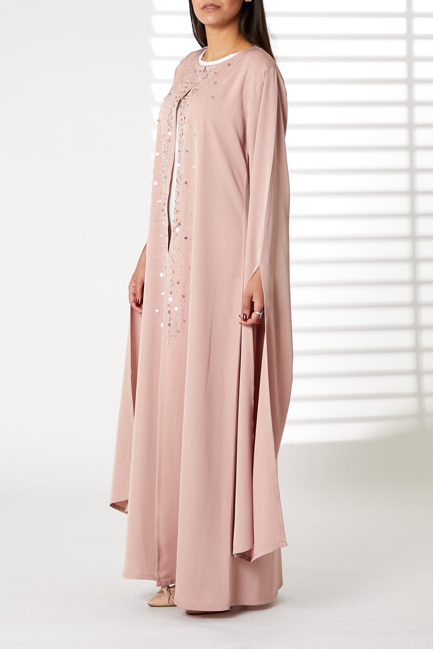 MOiSTREET Pink Round Neck Nida  Split Cuffs Embroidered Abaya (8053812855011)