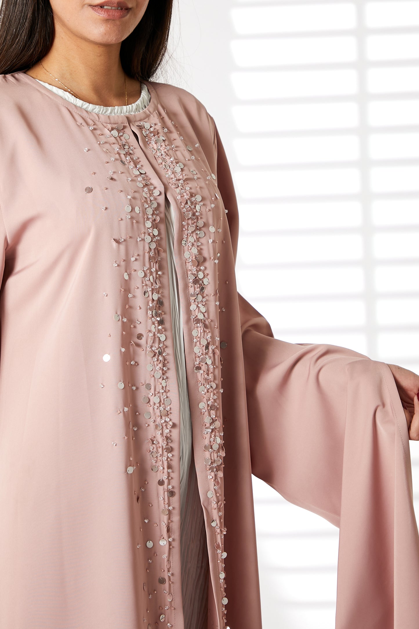 MOiSTREET Pink Round Neck Nida  Split Cuffs Embroidered Abaya (8053812855011)