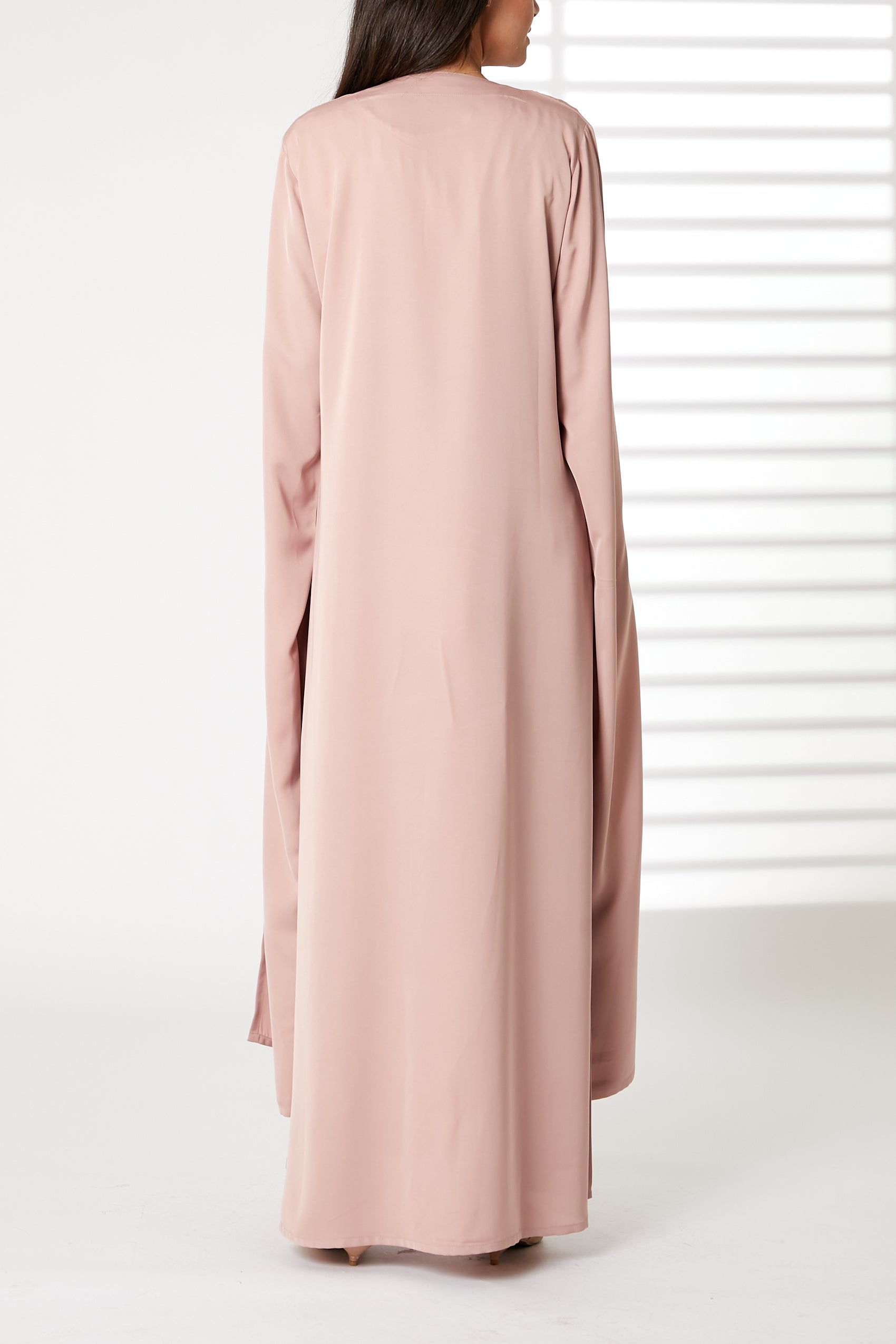 MOiSTREET Pink Round Neck Nida  Split Cuffs Embroidered Abaya (8053812855011)