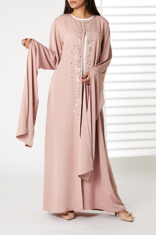 MOiSTREET Pink Round Neck Nida  Split Cuffs Embroidered Abaya (8053812855011)