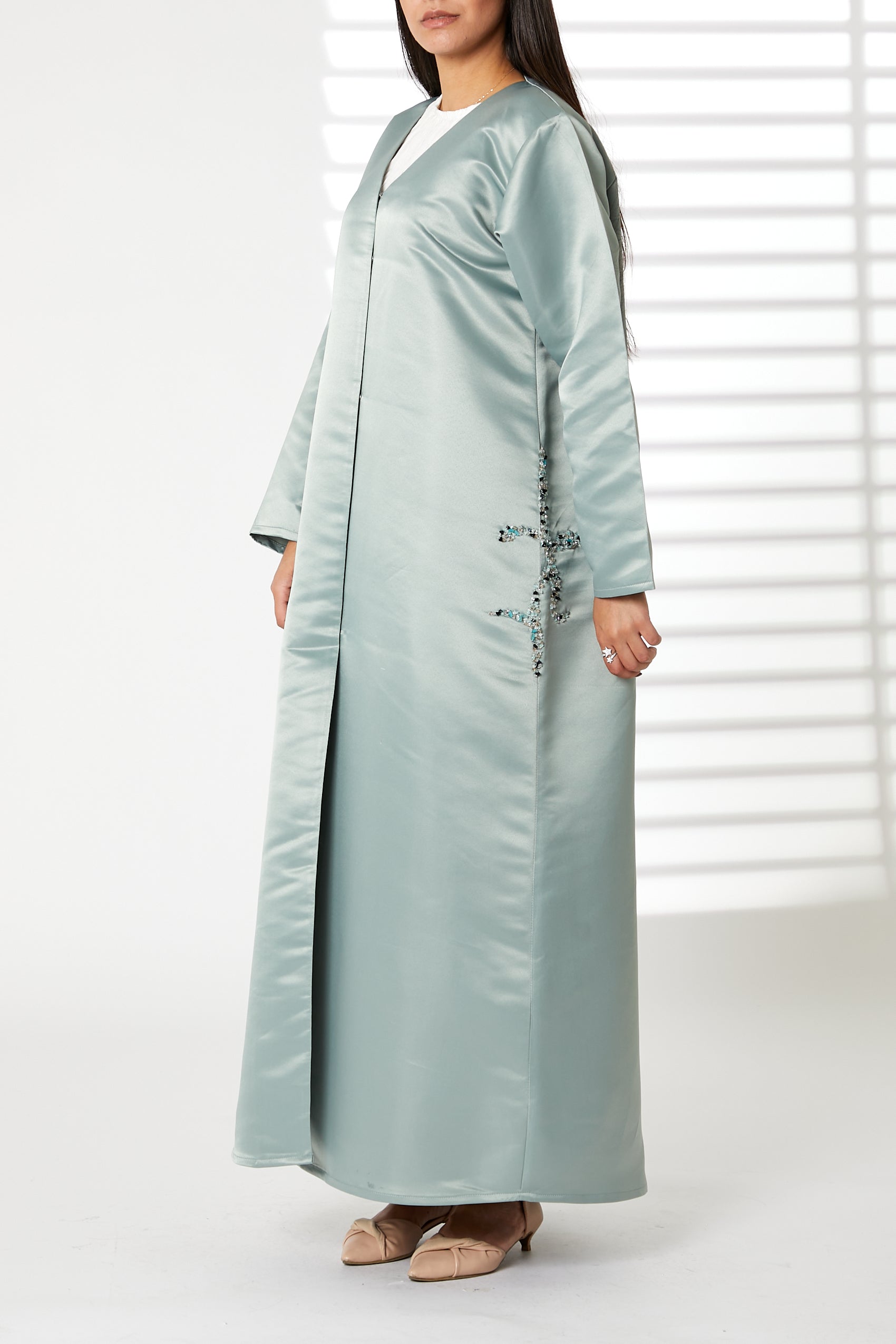 MOiSTREET Greenish Cyan Bridal Satin Embroidered Abaya (8054601646307)