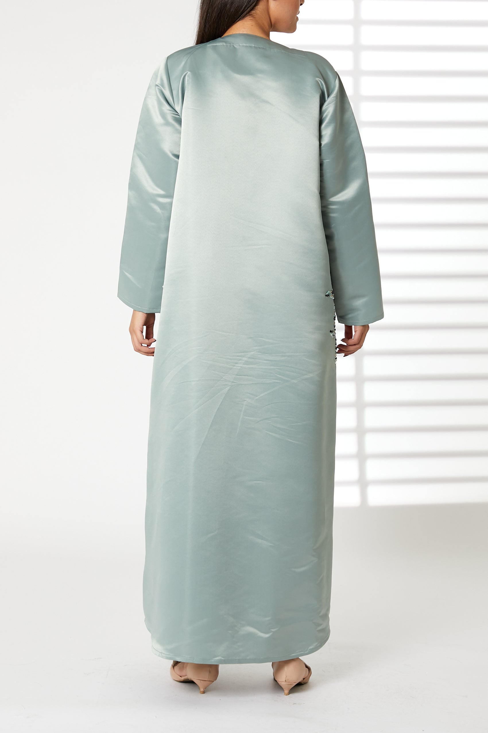 MOiSTREET Greenish Cyan Bridal Satin Embroidered Abaya (8054601646307)