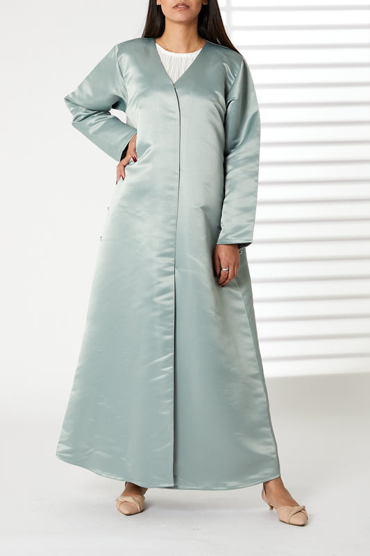 MOiSTREET Greenish Cyan Bridal Satin Embroidered Abaya (8054601646307)