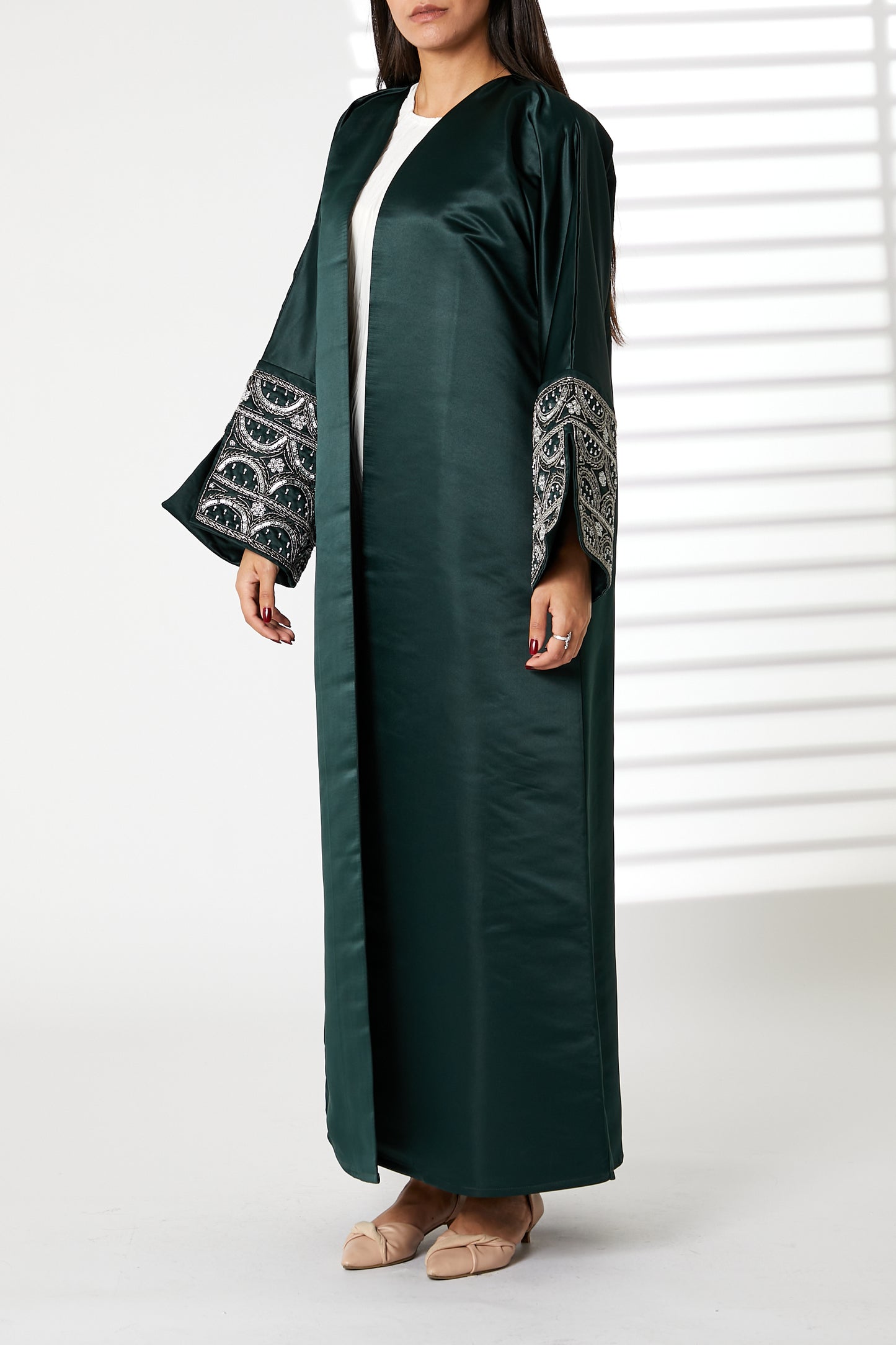 MOiSTREET Green V-Neck Bridal Satin Split Cuffs Abaya (8054605807843)