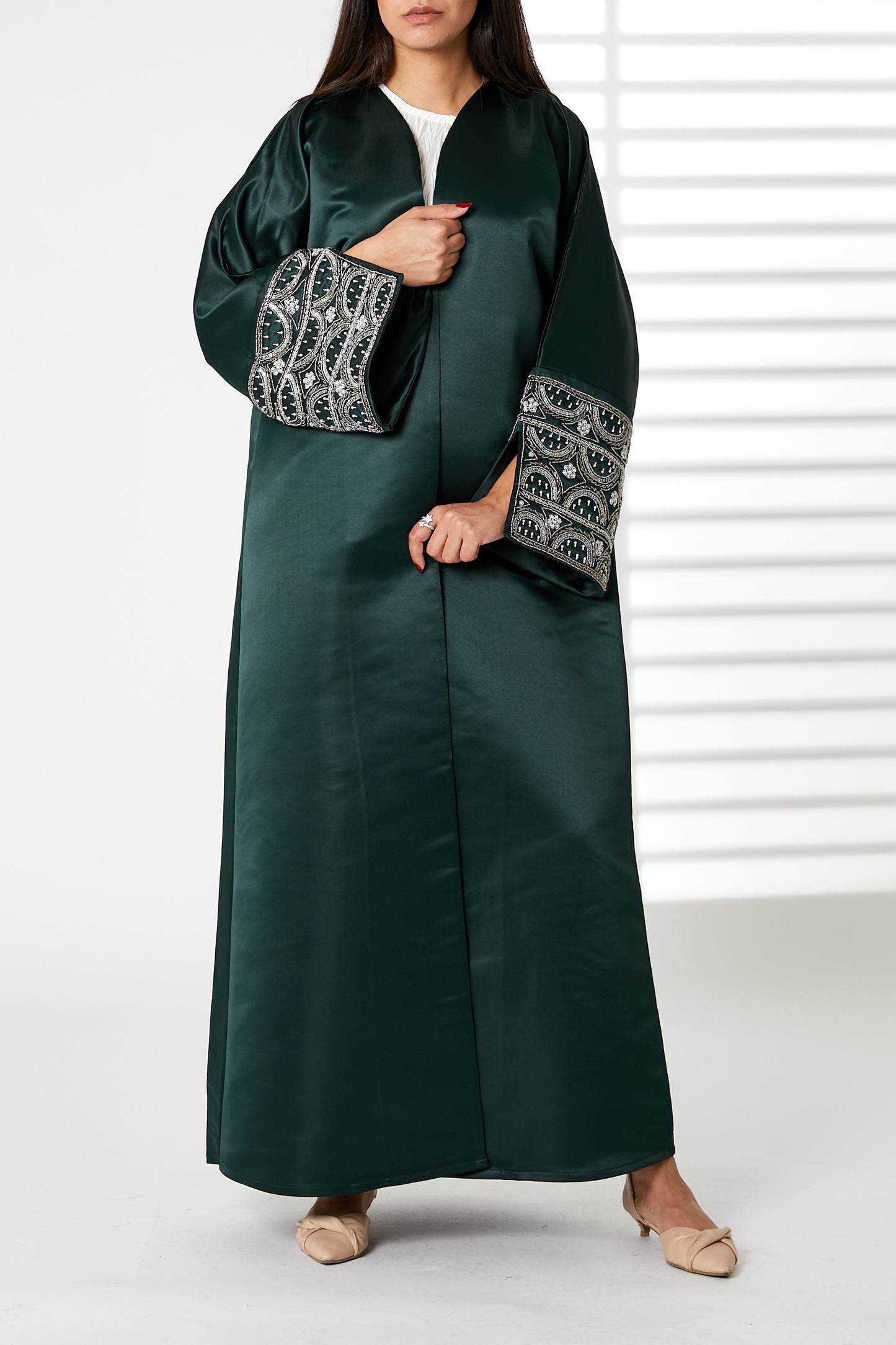 MOiSTREET Green V-Neck Bridal Satin Split Cuffs Abaya (8054605807843)