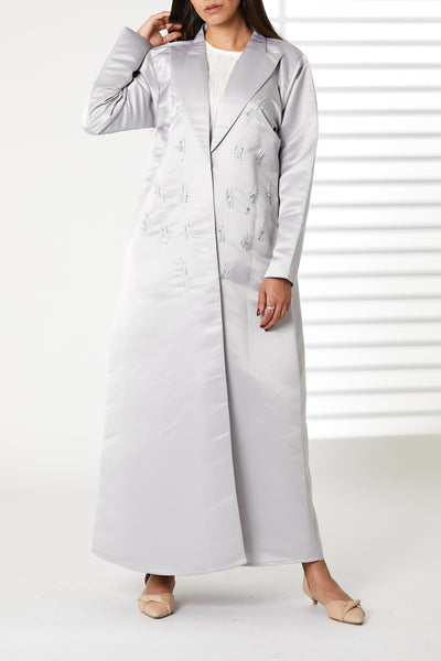 MOiSTREET Grey Lapel Collar Bridal Satin Embroidered Abaya (8054979559651)