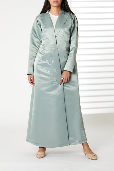 MOiSTREET Greenish Cyan Lapel Collar Bridal Satin Embroidered Abaya (8054980215011)