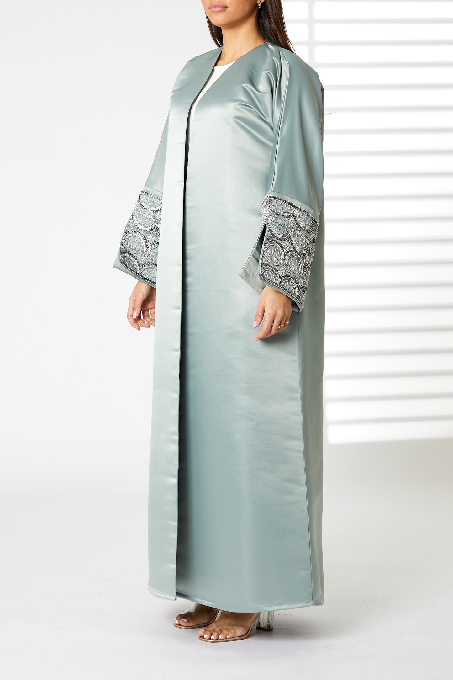 MOiSTREET Greenish Cyan V-Neck Bridal Satin Split Cuffs Abaya (8054981886179)