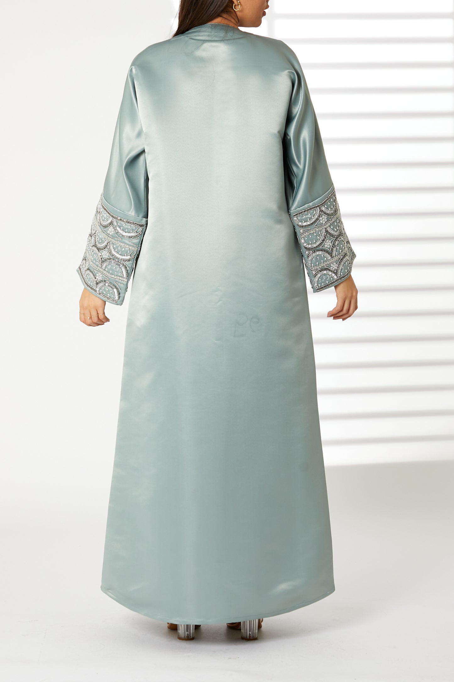 MOiSTREET Greenish Cyan V-Neck Bridal Satin Split Cuffs Abaya (8054981886179)