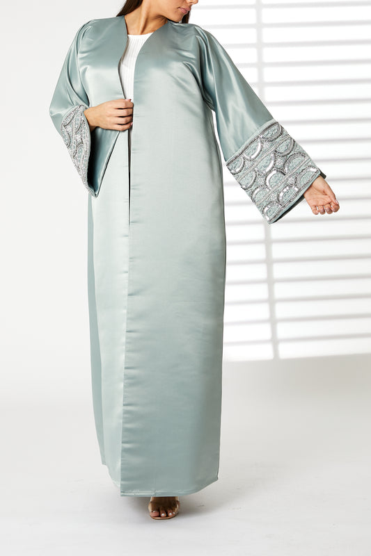 MOiSTREET Greenish Cyan V-Neck Bridal Satin Split Cuffs Abaya (8054981886179)