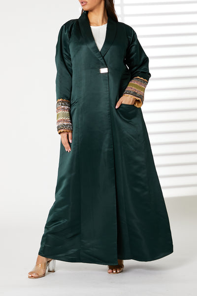 MOiSTREET Green Lapel Collar  Bridal Satin Abaya with  Pockets (8054986211555)