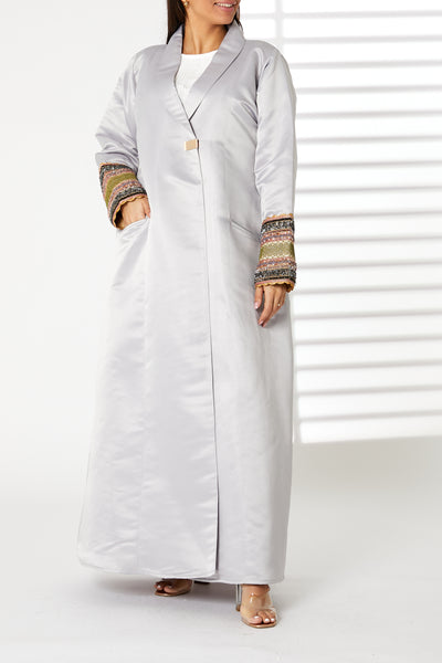 MOiSTREET Grey Collar  Bridal Satin Abaya with  Pockets (8054988112099)