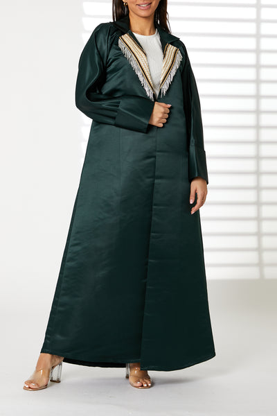 MOiSTREET Green Bridal Satin Abaya with Contrast Lace on Lapel Collar (8054990733539)