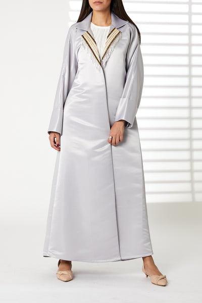 MOiSTREET Grey Bridal Satin Abaya with Contrast Lace on Lapel Collar (8054991519971)