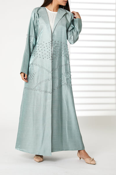 MOiSTREET Greenish Cyan Lapel Collar Bridal Satin Embroidered Abaya (8054993977571)