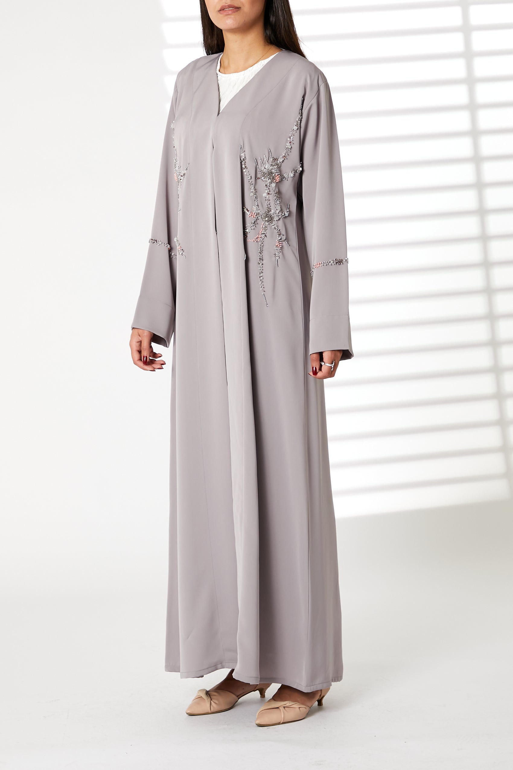 MOiSTREET Grey Nida Embroidered V-Neck Open Abaya (8055191306467)