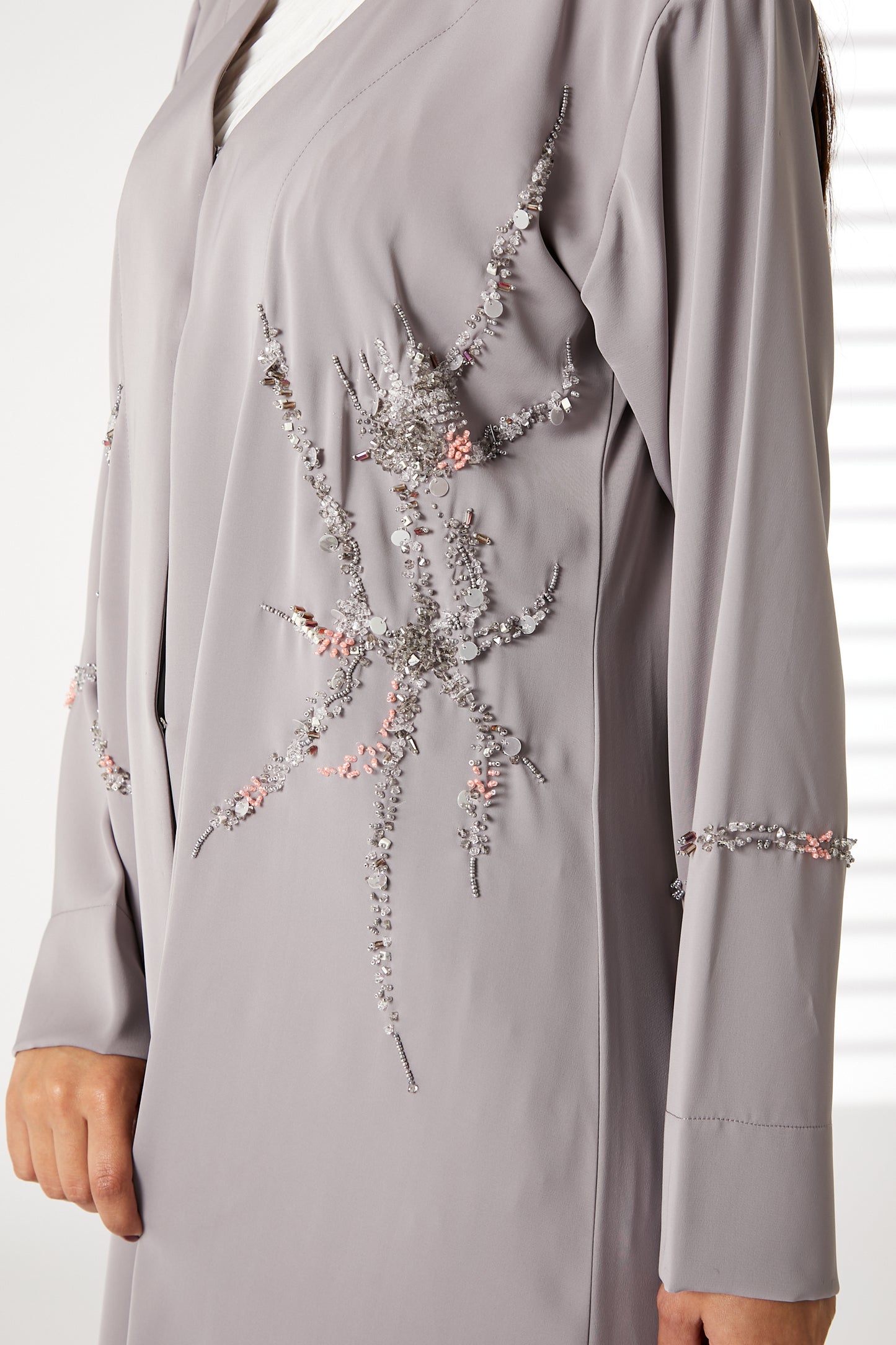 MOiSTREET Grey Nida Embroidered V-Neck Open Abaya (8055191306467)