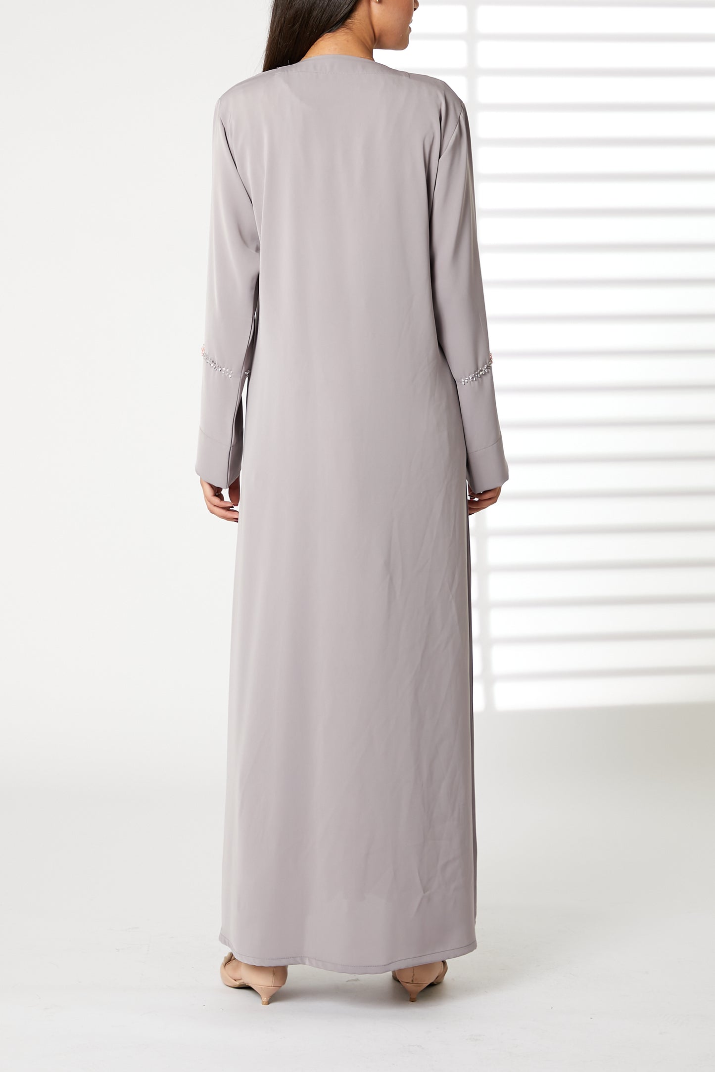 MOiSTREET Grey Nida Embroidered V-Neck Open Abaya (8055191306467)