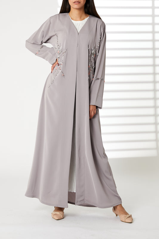 MOiSTREET Grey Nida Embroidered V-Neck Open Abaya (8055191306467)