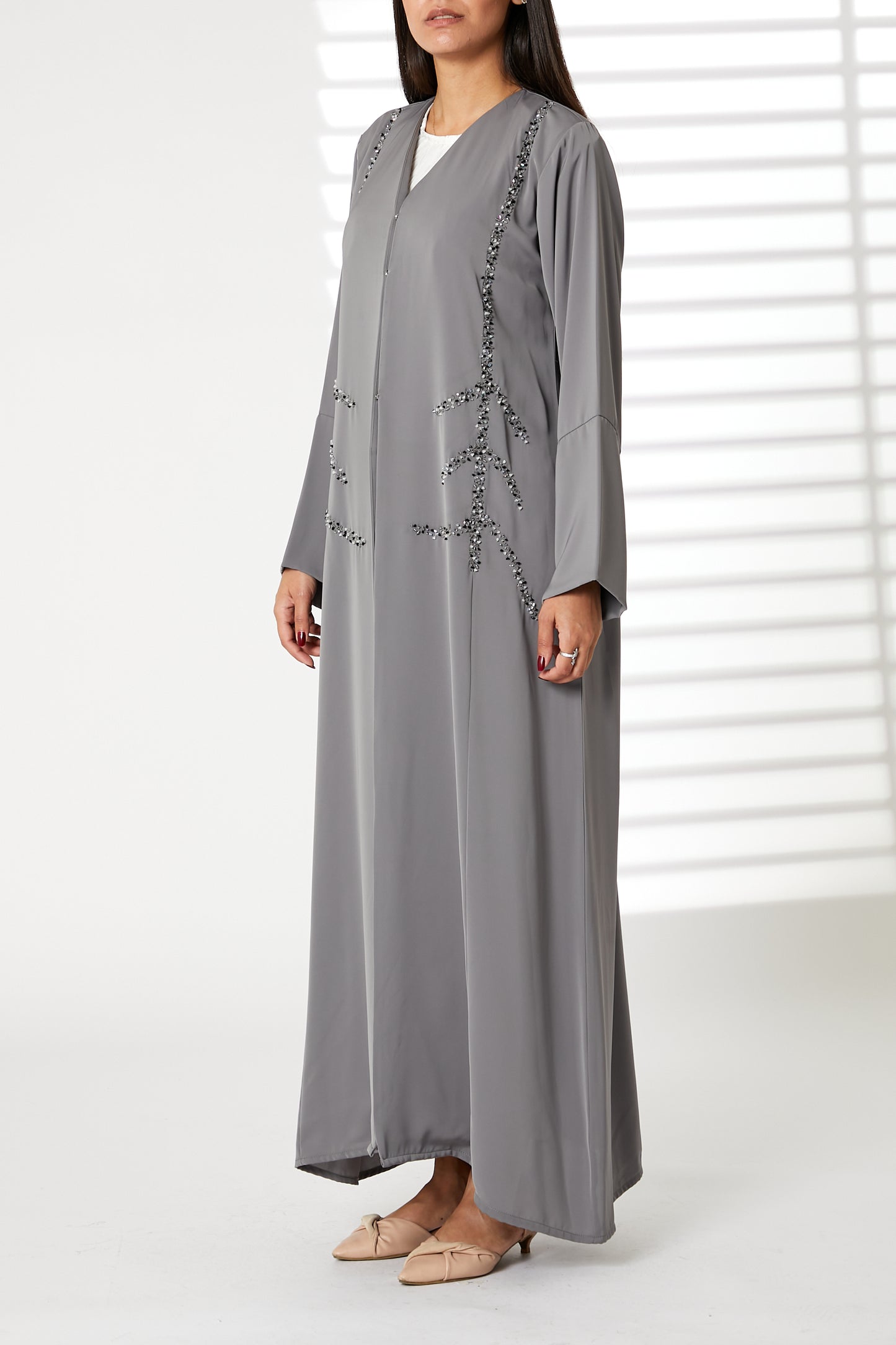 MOiSTREET Grey Nida Open Front Embroidered Abaya (8055197958371)