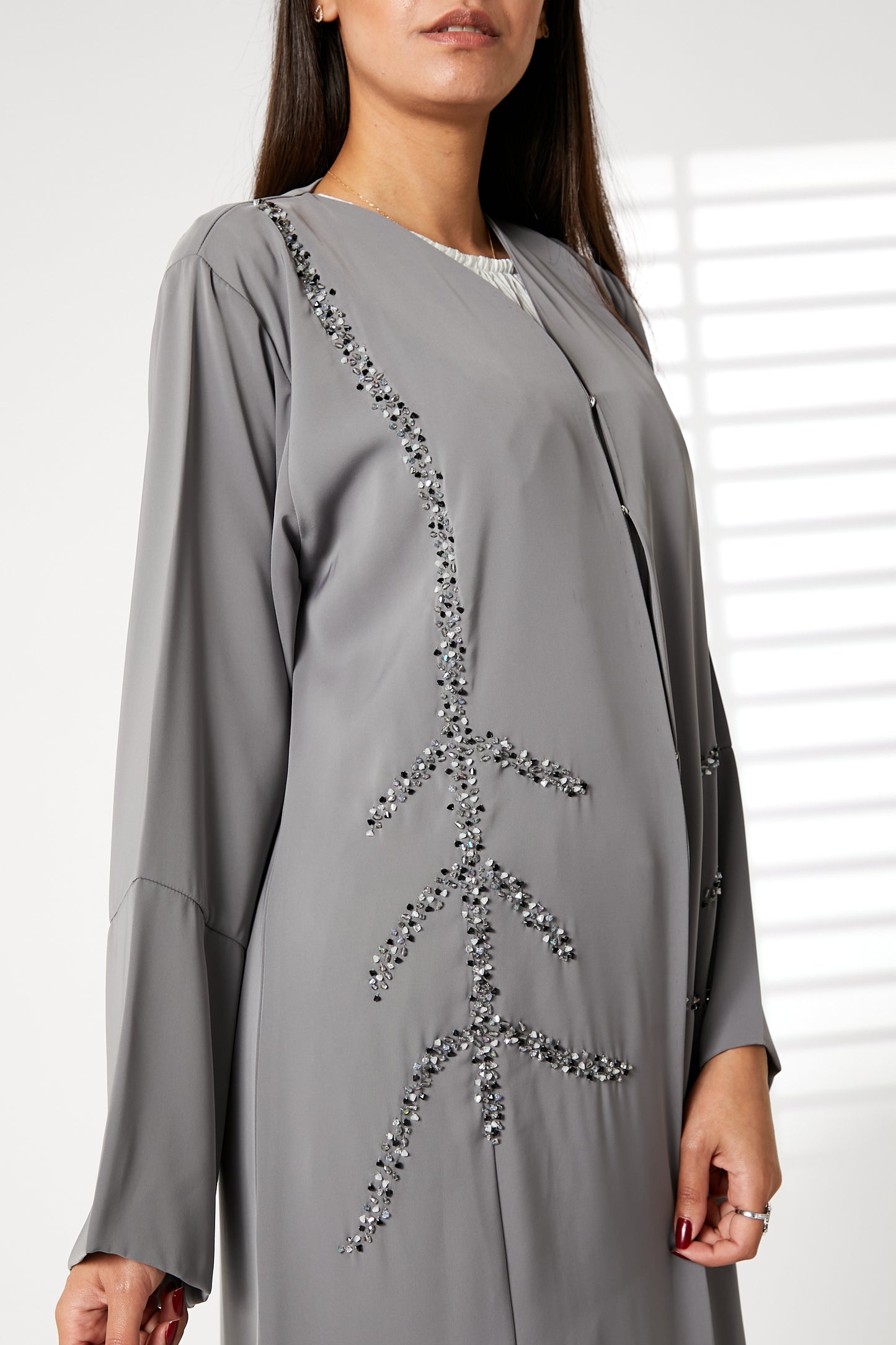 MOiSTREET Grey Nida Open Front Embroidered Abaya (8055197958371)