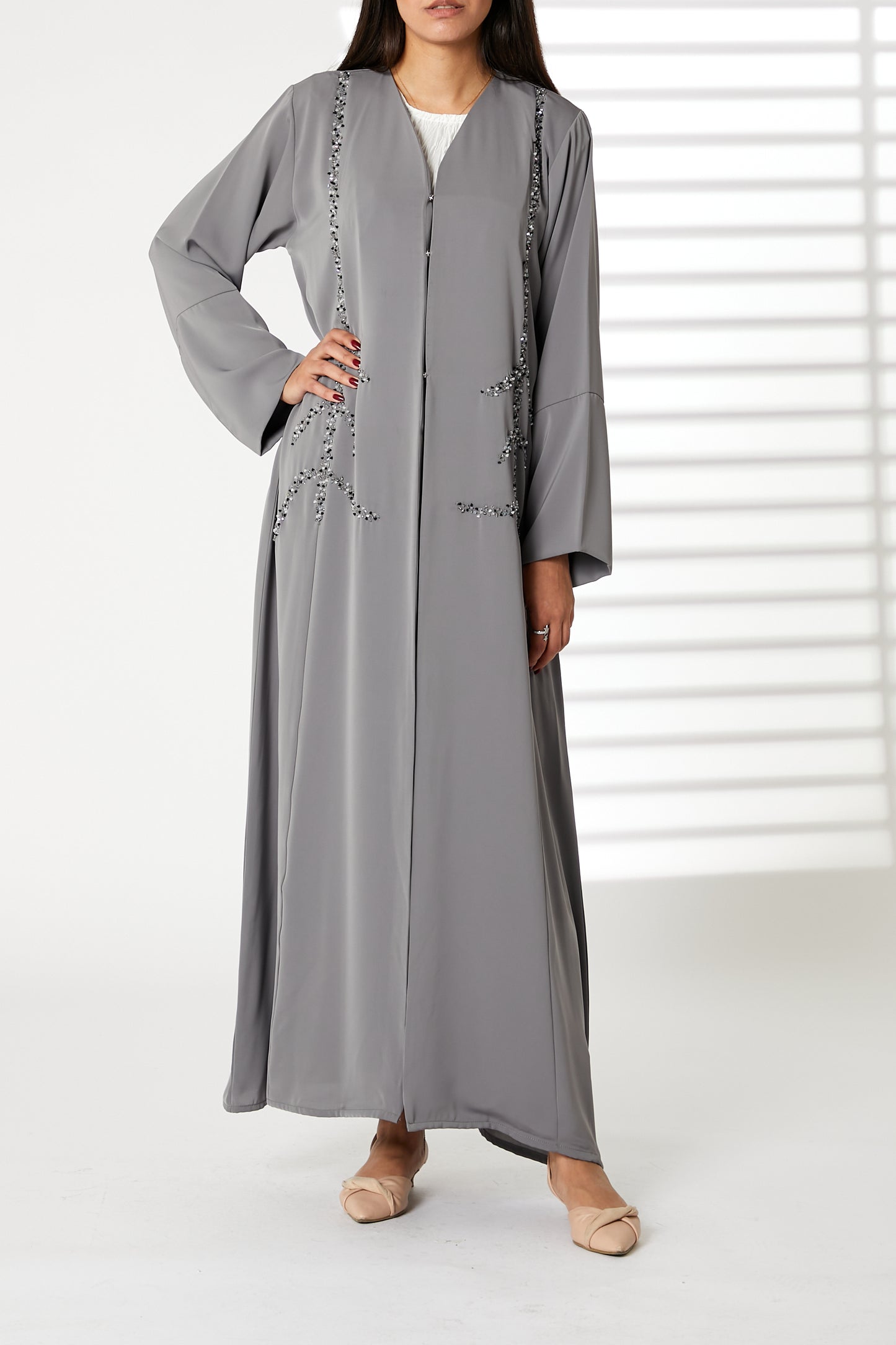 MOiSTREET Grey Nida Open Front Embroidered Abaya (8055197958371)