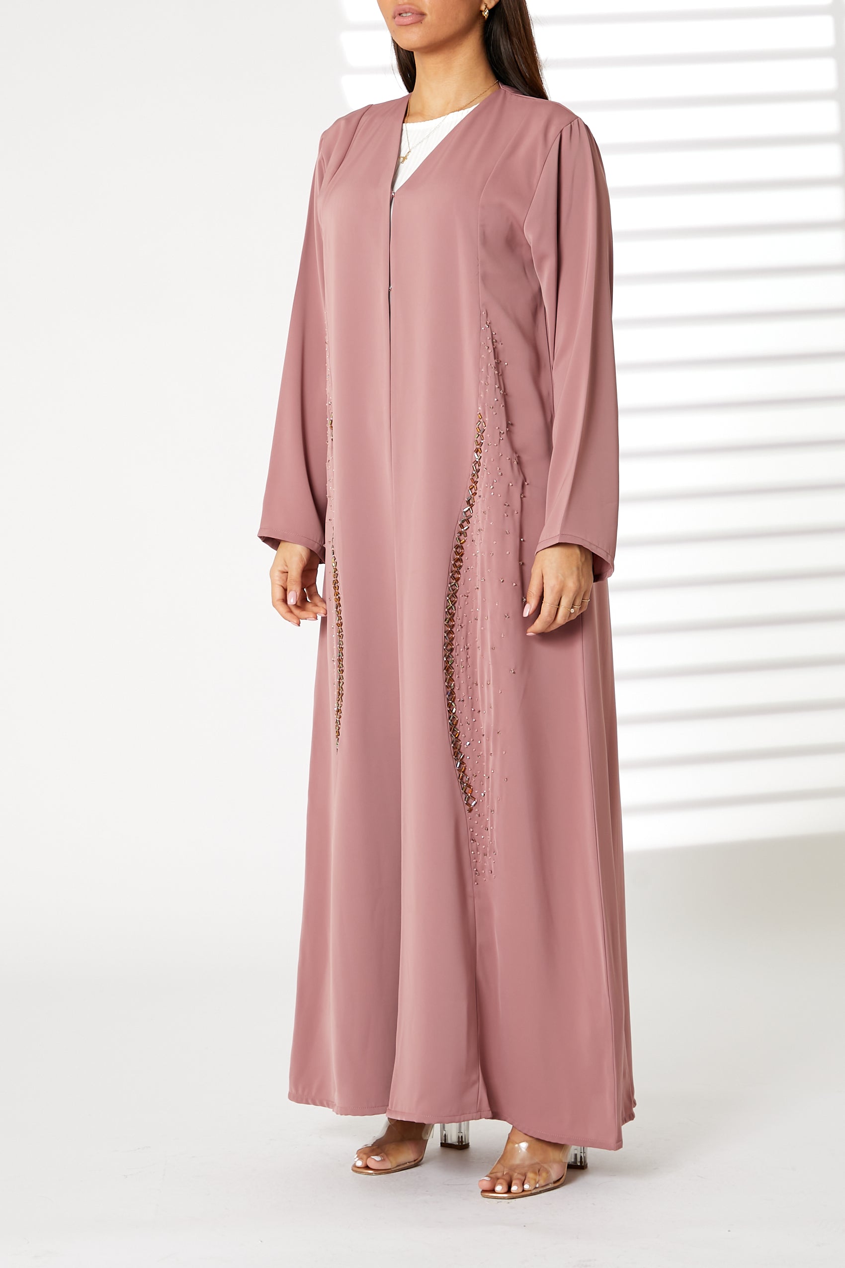 MOiSTREET Pink Nida Embroidered Open Abaya (8055199006947)