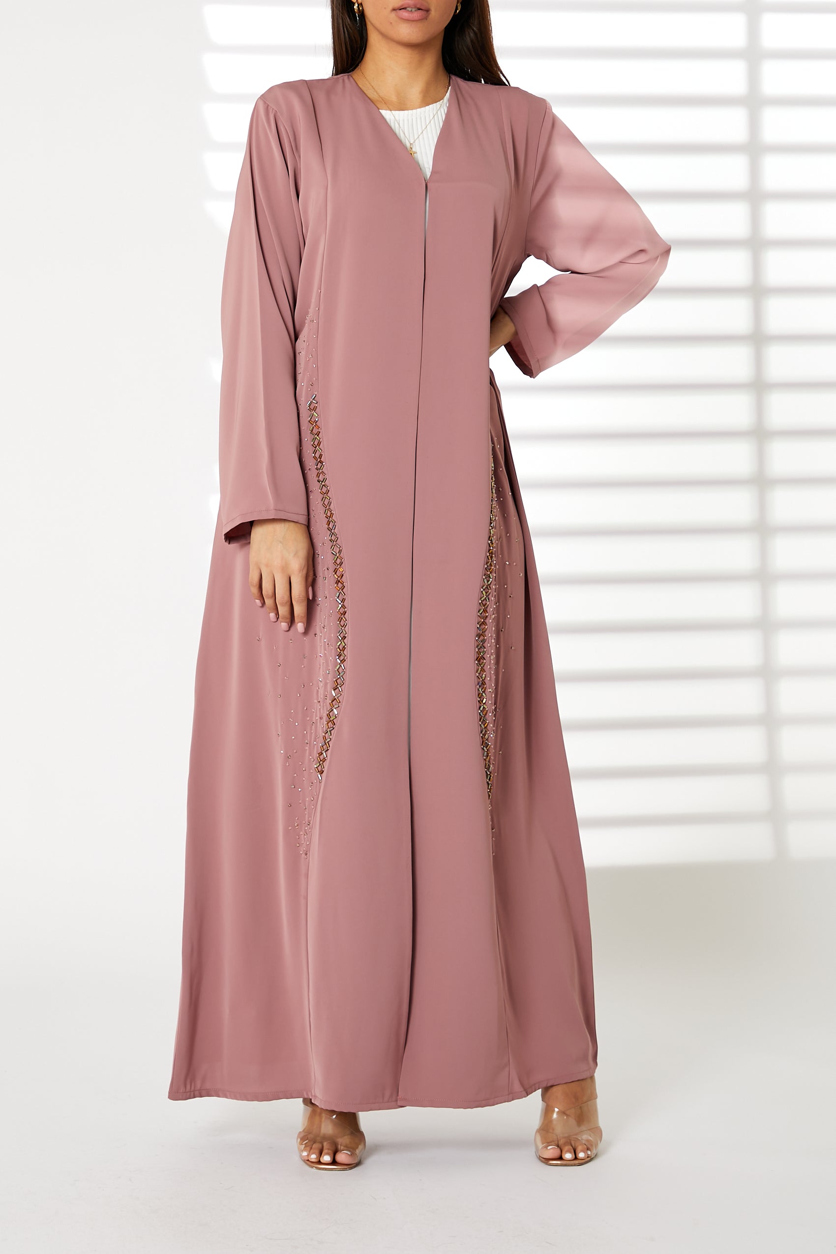 MOiSTREET Pink Nida Embroidered Open Abaya (8055199006947)