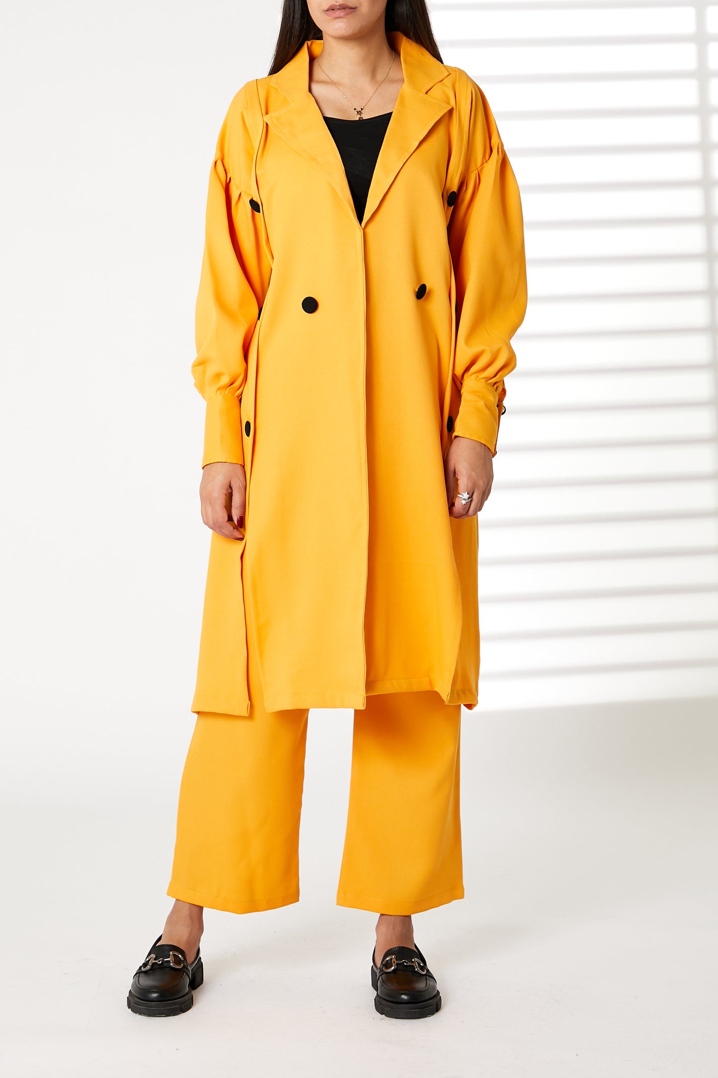 MOiSTREET Yellow Mid Length Barbie Crepe Trench Coat Set (8055669096675)