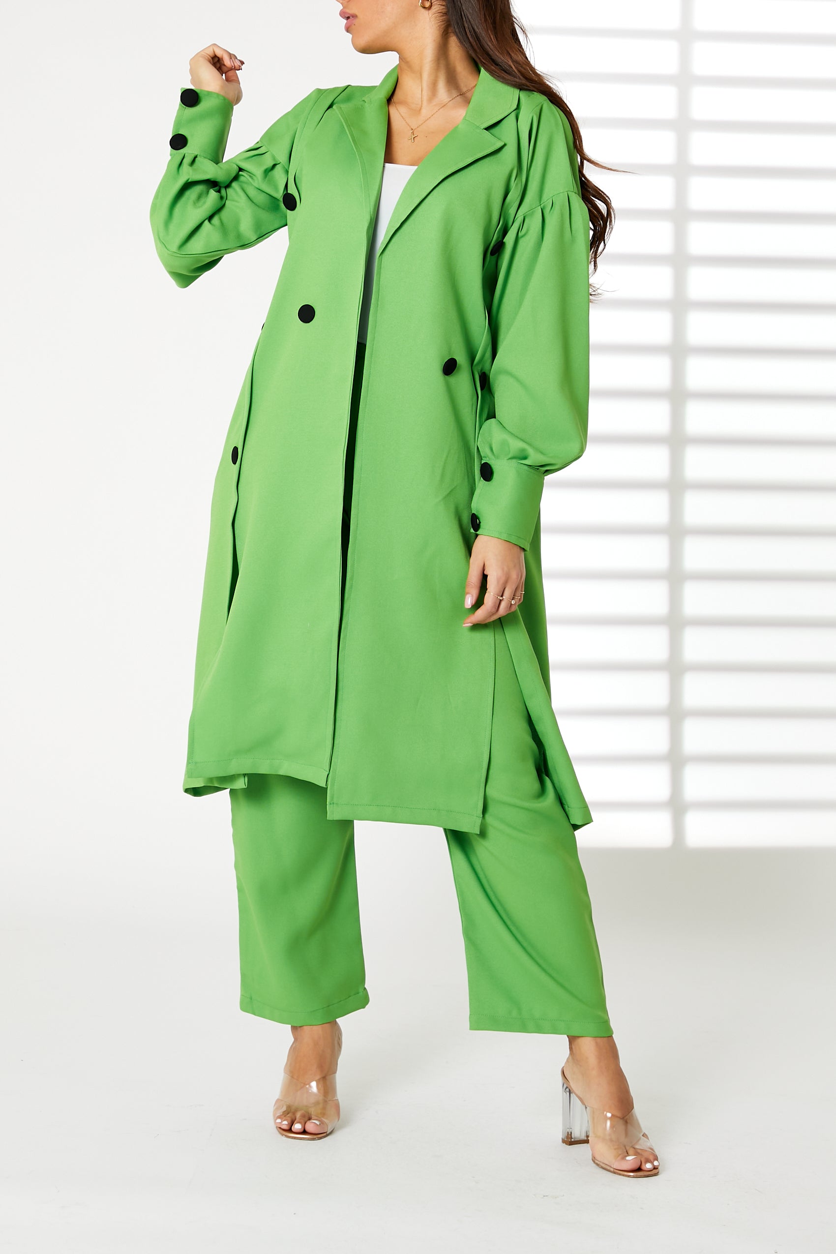 MOiSTREET Green Mid Length Barbie Crepe Trench Coat Set (8055670210787)