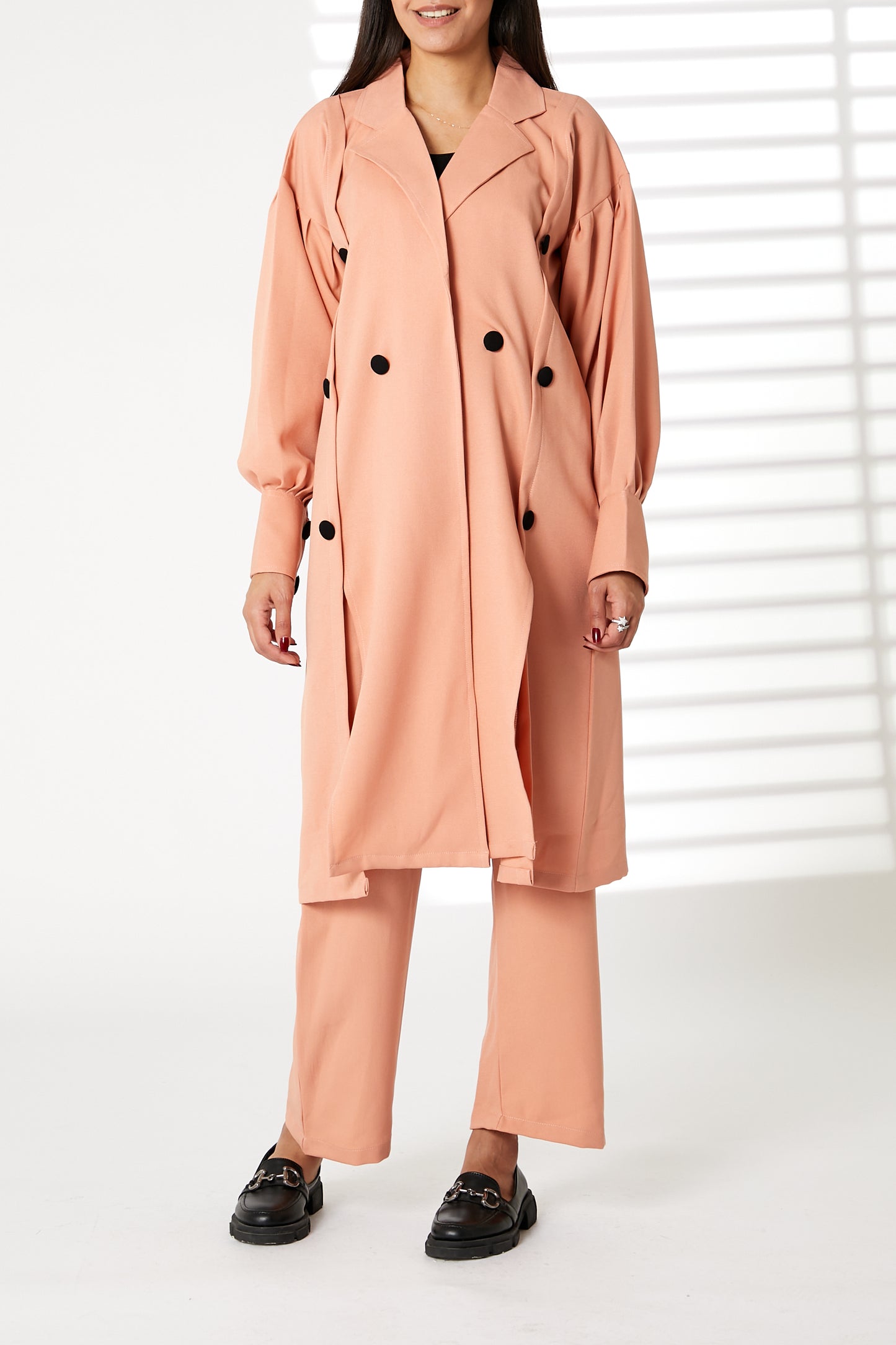 00MOiSTREET Pink Mid Length Barbie Crepe Trench Coat Set (8055673127139)