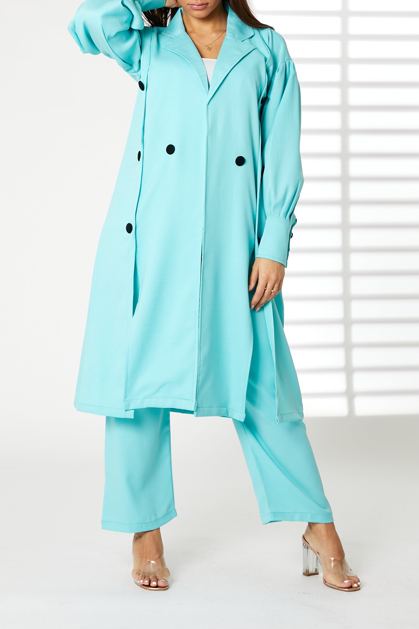 MOiSTREET Blue Mid Length Barbie Crepe Trench Coat Set (8055676305635)