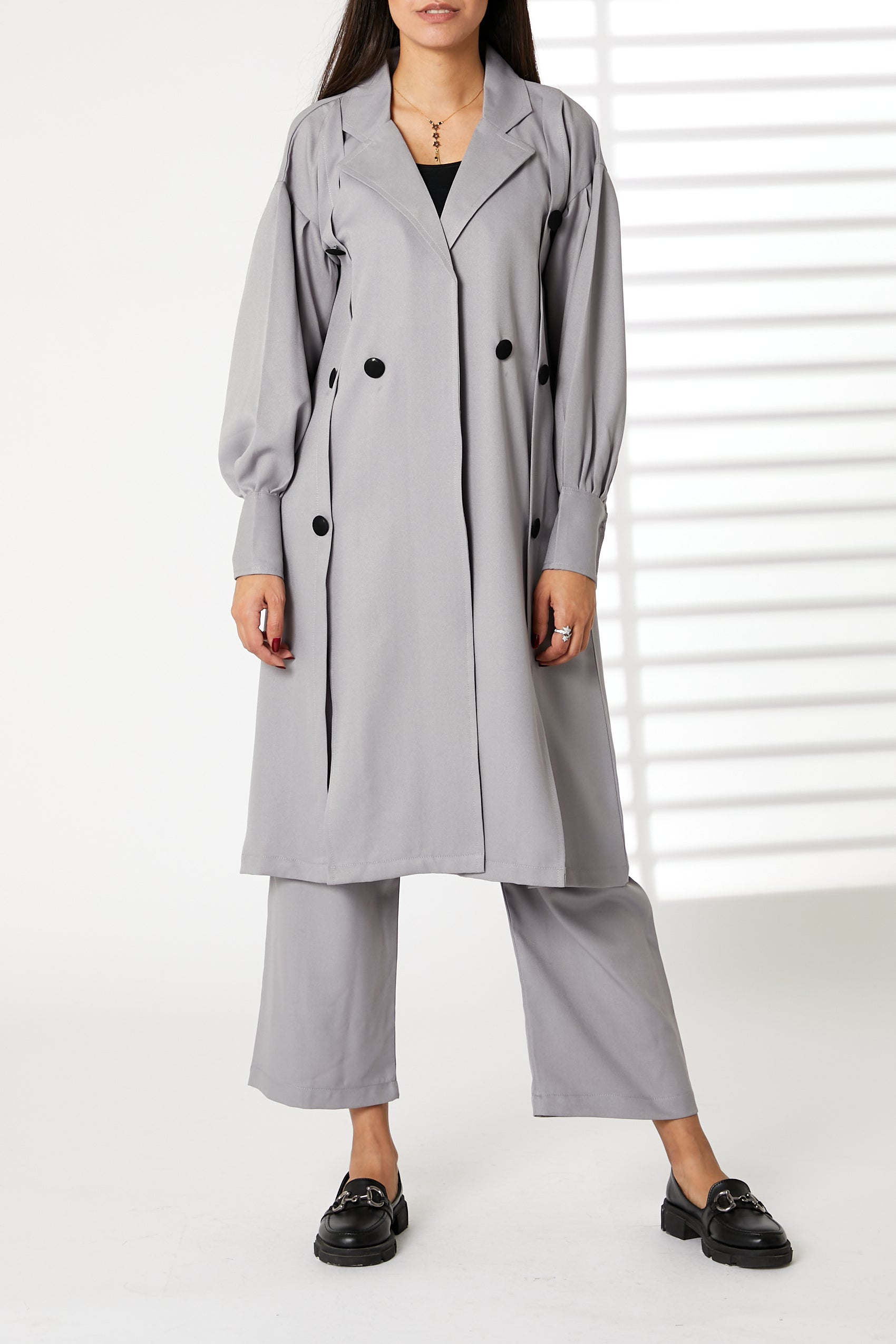 MOiSTREET Grey Mid Length Barbie Crepe Trench Coat Set (8055680172259)