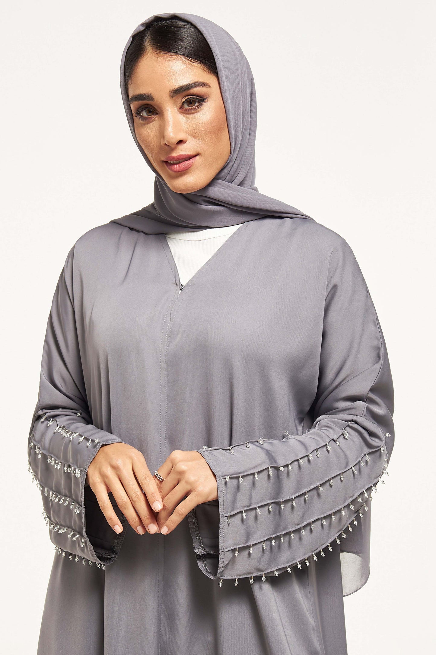 MOiSTREET Embellished Abaya with Sheila and Pleat Detail (8043919114467)