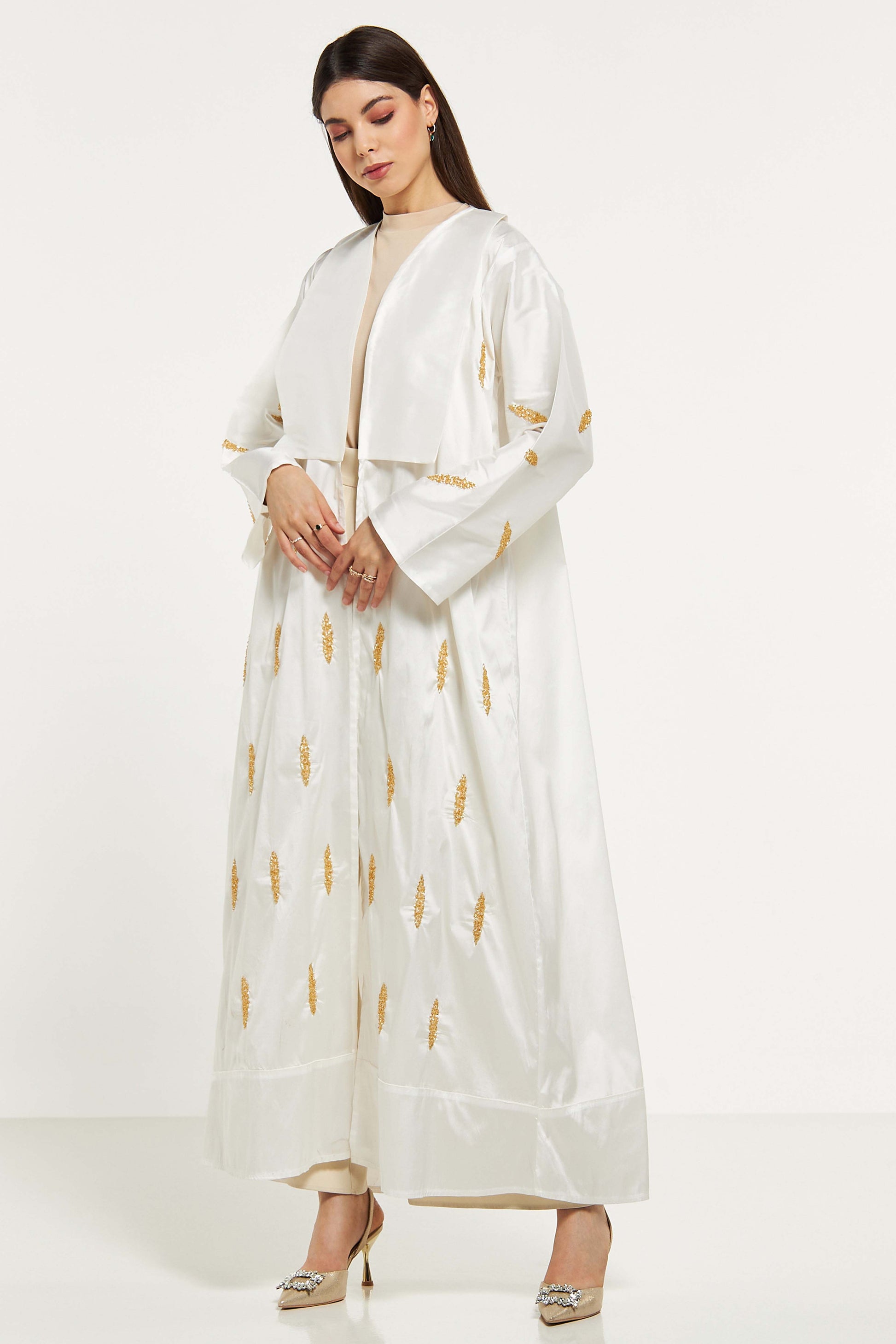 MOiSTREET Bead Embellished Abaya with Solid Panel Overlay and Sheila (8043953160419)