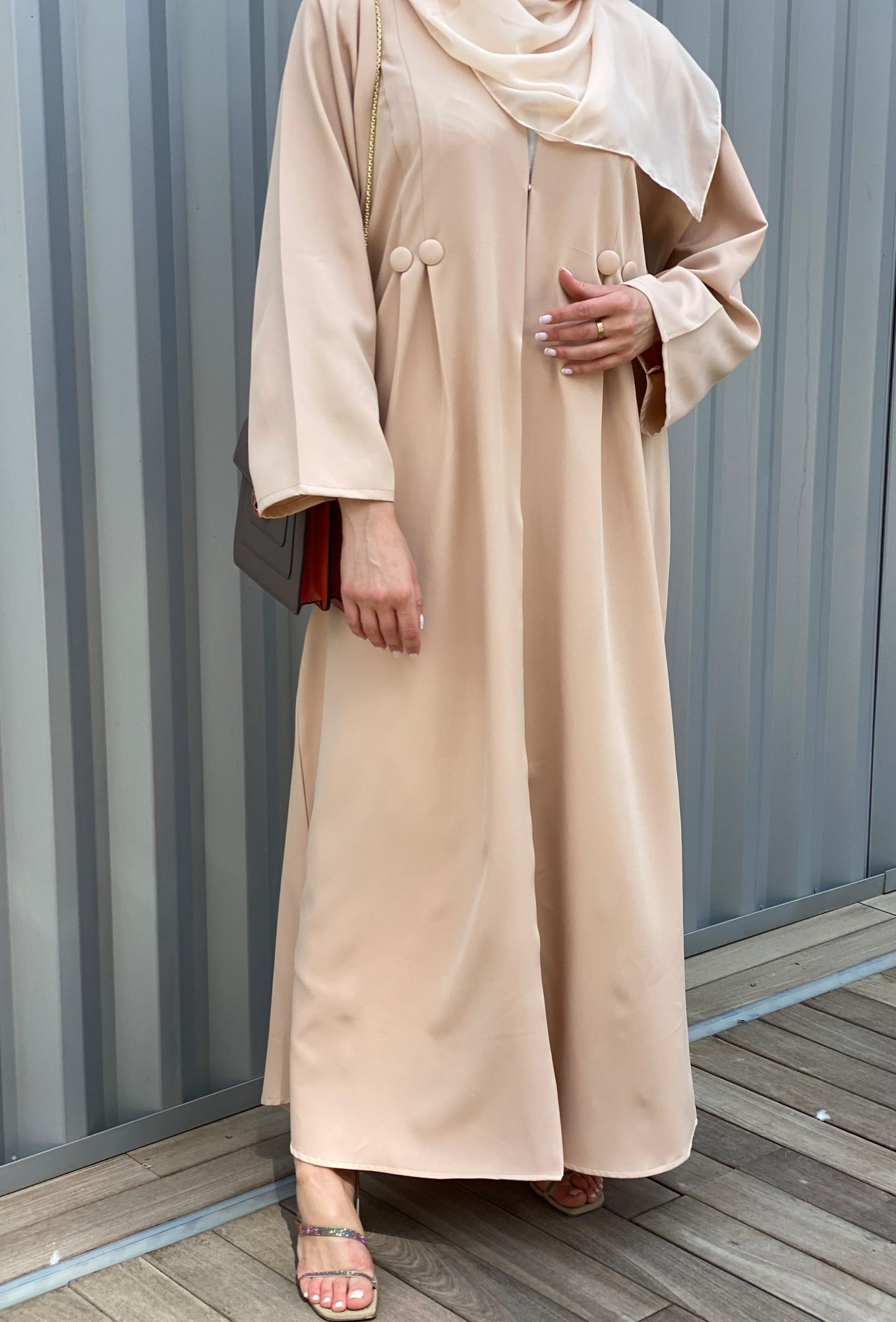 MOiSTREET Barbie Crepe Tan Abaya Set with Buttons Detailing along with  Under Dress and Sheila (6701419528376)