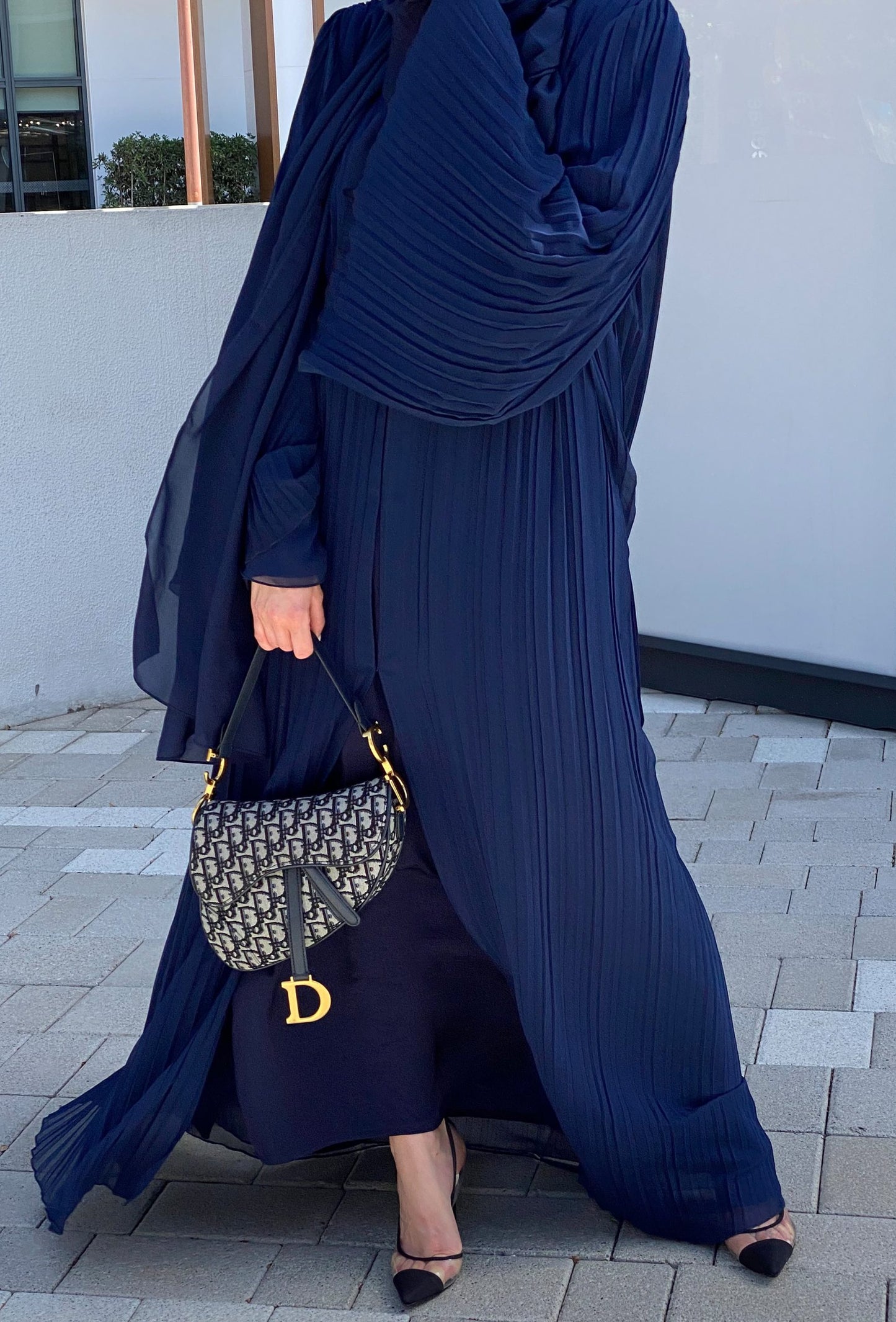 MOiSTREET Blue Pleated Chiffon Abaya (6701419561144)